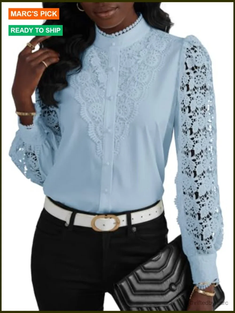 Mock Neck Lace Blouse Long Sleeve Button Down Crochet Top Work - Picture 3 of 7